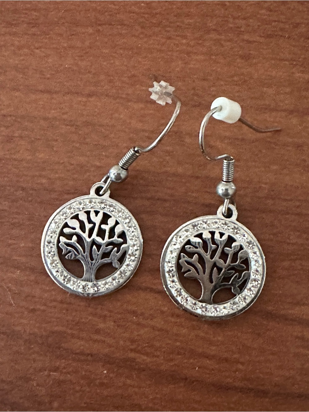Stainless Steel Tree of Life Drop Earrings with Crystal Halo